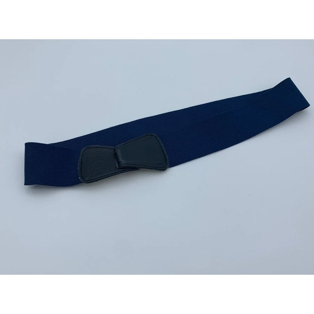Vintage Navy Blue Elastic Cinch‎ Belt Genuine Leather Bow Closure Small 2123